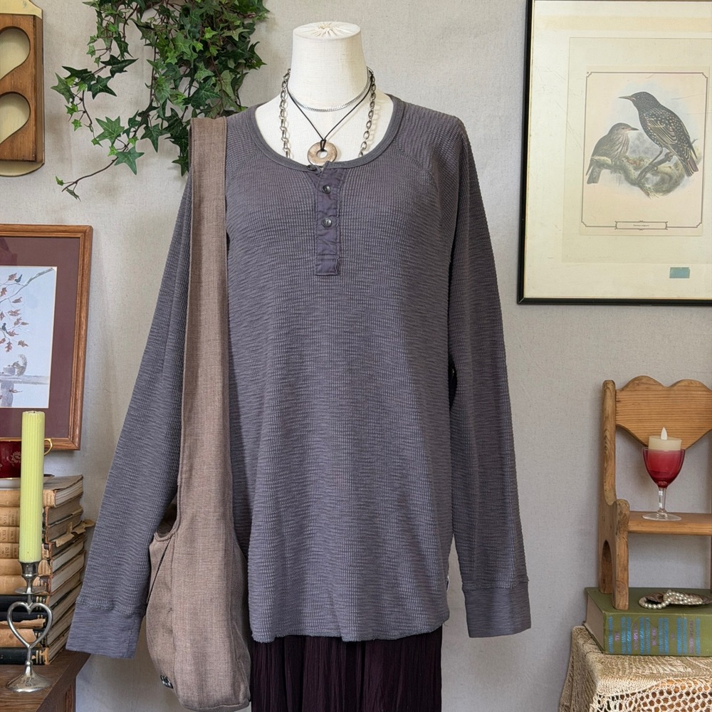 Gray Henley Thermal Longsleeve Top Indie Grunge Chunky Cozy Waffle Knit XL Baggy